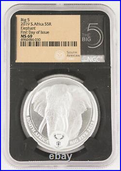 South Africa 2019 5 Rand Big 5 Elephant 1 Oz Silver Coin NGC MS69 Series 1 FDOI