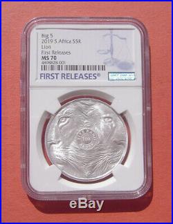 South Africa 2019 Big 5 Lion 5 Rand Silver Coin NGC MS70 First Releases
