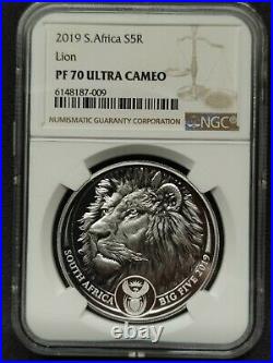 South Africa 2019 Big Five Lion 5 RAND 1 OZ PROOF Sliver Coin NGC PF70 UC