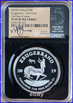 South Africa 2019 Silver Krugerrand Lion Privy NGC PF69UC FDOI Tumi Signed