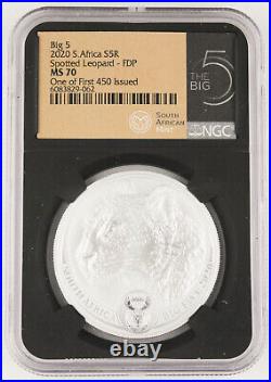 South Africa 2020 5 Rand Big 5 Spotted Leopard -FDP 1 Oz Silver Coin NGC MS70 BU