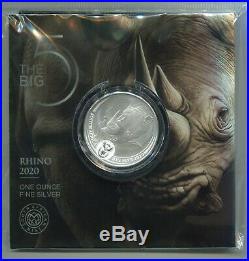 South Africa 2020 Big Five Rhino 1 Ounce Silver Uncirculated Coin in Folder COA