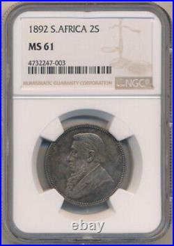 South Africa 2 Shillings 1892 Km#6 Ngc Ms 61