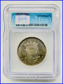 South Africa 2½ Shillings 1942- George VI Rex Imperator ICG -AU58 Silver Coin