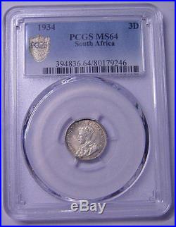South Africa 3 Pence 1934 Silver Pcgs Ms64 Key Date High Grade