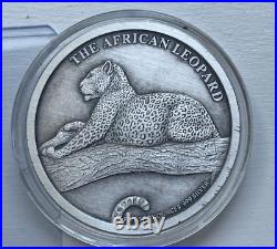 South Africa Antiqued 5 Oz. 999 Silver Round Silver Kruger African Leopard