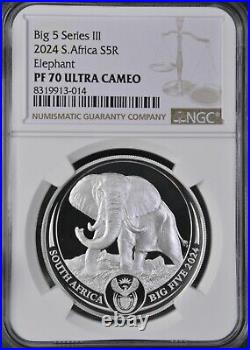 South Africa Big 5 1oz Fine Silver R5 Elephant of 2024 Proof 70 NGC