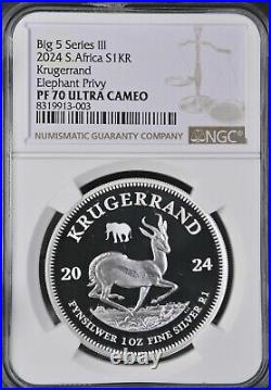 South Africa Krugerrand 1oz Fine Silver Elephant Privy 2024 Proof 70 NGC