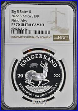 South Africa Krugerrand 1oz Fine Silver R5 Rhino Privy of 2022 PF 70 NGC