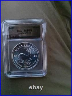South Africa Krugerrand 2021 1 Oz Silver Coin ICG MS69 1 Rand 0.999 Fineness