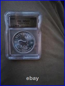 South Africa Krugerrand 2021 1 Oz Silver Coin ICG MS69 1 Rand 0.999 Fineness