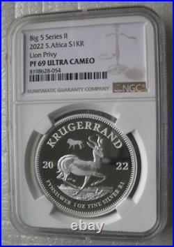 South Africa Krugerrand 2022 Silver Proof Coin Big5 II Lion Privy NGC PF69
