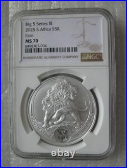 South Africa R5 2025 Silver BU 1Oz Coin Big5 Series III Lion NGC MS70