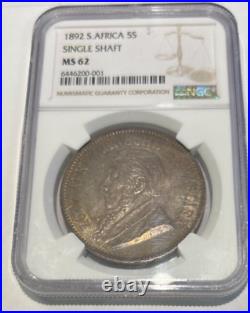 South Africa Republic Single Shaft 5 Shillings 1892 MS62 NGC