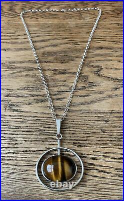 Statement Sterling Silver Modernist South African Tigers Eye Pendant Necklace