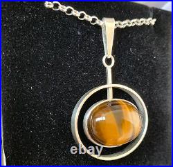 Statement Sterling Silver Modernist South African Tigers Eye Pendant Necklace