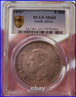 TOP POP! 1947 SILVER 5 SHILLINGS MS65 PCGS SOUTH AFRICA UNCIRCULATED George VI