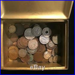Tobacco tin OF OLD COLONIAL COINS, UK, NZ, Fiji. India South Africa inc SILVER