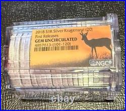 Tube of 20 2018 South Africa 1 oz Silver Krugerrands NGC First Release Gem UC