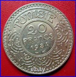 Tunisie. Très rare 20 Francs Ahmed Bey. Argent. AH 1353 (1934). 9500 ex. SUP+