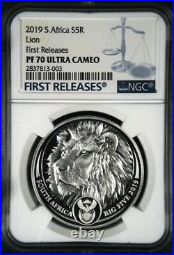 Two NGC PF70 2019 1 OZ SOUTH AFRICA BIG FIVE Lion. 999 SILVER PROOF COIN