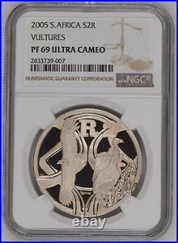 VULTURES 2005 South Africa SILVER PROOF 2 rand PF 69 ngc Birds of Prey R2