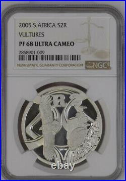 VULTURES 2005 south africa SILVER 2 rand PF68 NGC R2 BIRDS OF PREY series