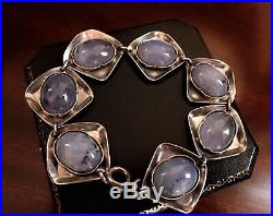 Vintage Silver Modernist Bracelet set with Blue Agate signed 925 Sterling c1970s