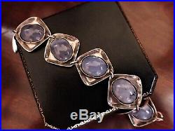 Vintage Silver Modernist Bracelet set with Blue Agate signed 925 Sterling c1970s