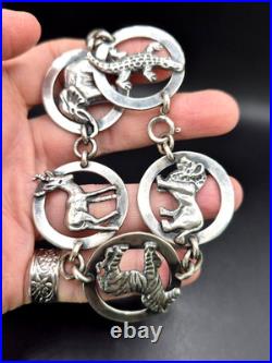 Vintage Sterling Silver Birger Haglund South Africa Wild Animals Panel Bracelet