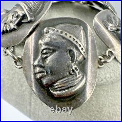 Vtg Sterling Silver Haglund South Africa Tribe Portrait Panel Bracelet 62g c1950