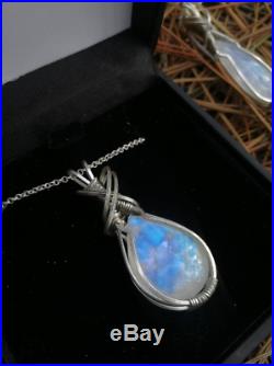 Wire wrapped moonstone pendant argentium silver jewelry necklace